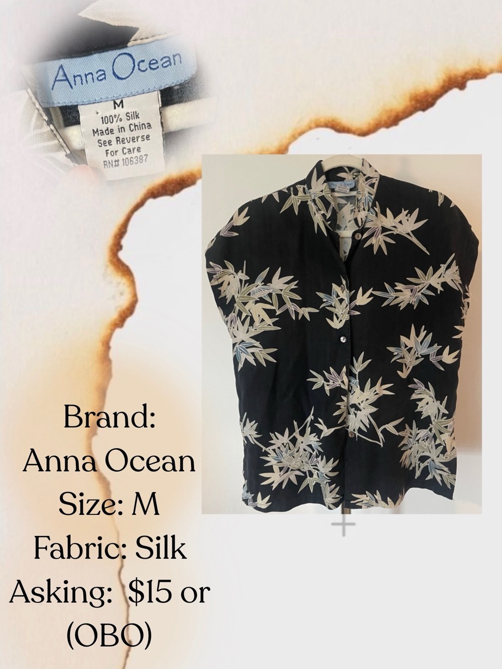 Anna Ocean Black Silk Button-Up Blouse with Beige Leaf Print